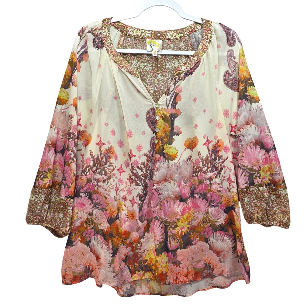 Fig and Flower Tunic Blouse Women XL Sheer Boho Floral Paisley Vneck Mixed Print